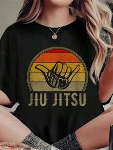 Funny Martial Arts T-Shirt "Let'S Roll Jiu Jitsu" With Vintage Sunset Design, Round Neck, Short Sleeve, Casual Summer Style - 黑色 - 查看 6