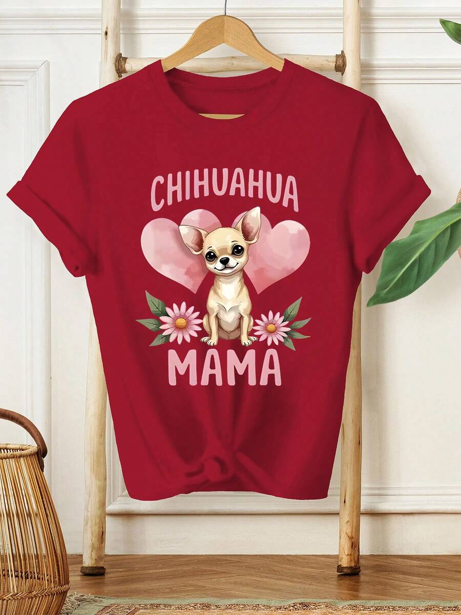 Plus Size Casual T-Shirt - This Image Features A Cartoon Chihuahua Against A Heart-Shaped Background On A New Women's Summer Short-Sleeve T-Shirt, Showcasing A Casual And Fashionable Print Outfit. 100% Cotton. Durable. - 紅色 - 查看 1