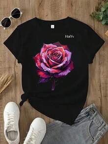 Limited Time Offer, Limited Quantity Available, Flash , Women's Shirts, Women's T-Shirts. Women's Oversized Black T-Shirt, Short Sleeve Round Neck, Purple And Red Graffiti Rose Print, Dark Romantic Casual Style For Everyday Wear - 黑色 - 查看 3