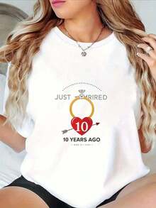 10th Anniversary Commemorative T-Shirt - "Just Married" Diamond Ring And Heart Print T-Shirt For 10 Years, Slim Fit, Solid Color, Ideal For Milestone Gifts (10th Anniversary, Birthday, Christmas) - Beautiful Gift For Couples Celebrating Ten Years Of Marriage - 白色 - 查看 1