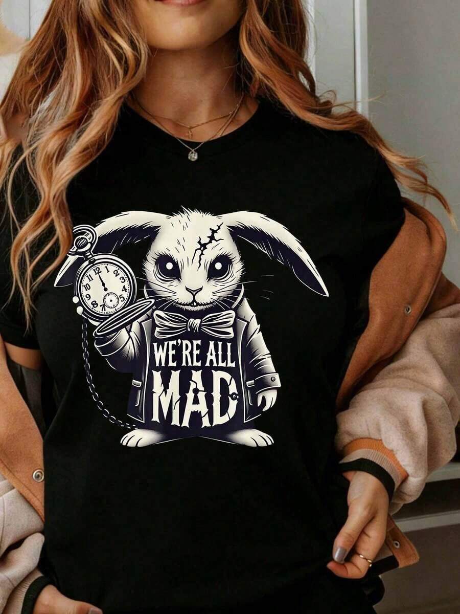 Women's Cotton T-Shirts With Clock And White Rabbit Print "We Are All Mad", Casual Fashion T-Shirt For Women, Halloween Costume Shirt, Alice In Wonderland Themed Clothing, Basic Women's Blouses. - 黑色 - 查看 1