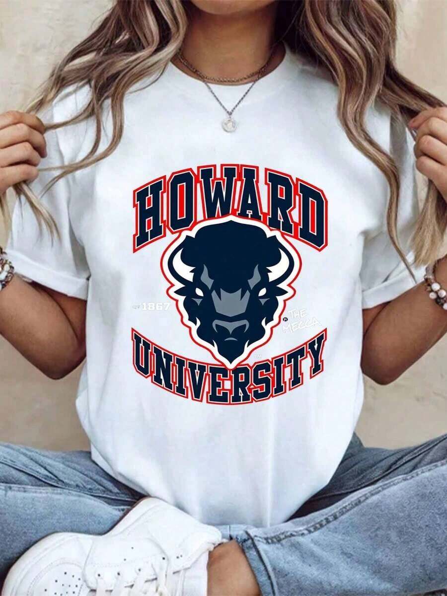Women's Cotton T-Shirts With The Howard University Bison Logo, Varsity Wear For Men, Women And Unisex, Perfect Casual Wear For Graduation Events, Campus Events And School Pride, Basic Blouses For Women. - 白色 - 查看 1