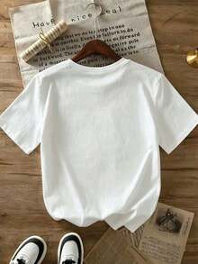 Casual Off-The-Shoulder T-Shirt With A Lovely Floral Print And The Slogan 'Live In The Moment', Short Sleeves, Round Neck, Knit Top For Spring Outfits, Medium Stretch Fabric, Regular Length. - 白色 - 查看 3