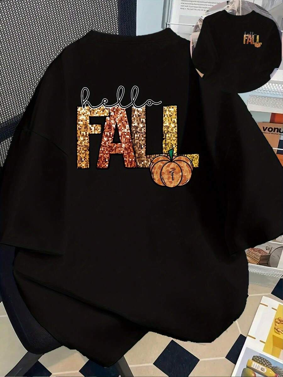 New Short-Sleeved T-Shirt, 180g Weight, % Cotton, With Front And Back Prints - Autumn, Hello Autumn - Fashionable Printed T-Shirt For Women, Spring/Summer, A Fashionable, Versatile And Casual Item - Suitable For Layering In Spring And Autumn Or In Summer, Unisex. - Black - View 1