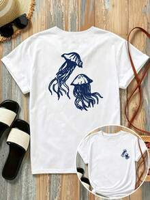 New 180g Short-Sleeved T-Shirt, 1% Cotton, With Front And Back Prints - Jellyfish, Marine Life - Fashionable Printed T-Shirt For Women, Short-Sleeved, Suitable For All Seasons, Modern Clothing - Can Be Worn As A Base Layer In Spring And Autumn Or Alone In Summer, Unisex. - 白色 - 查看 1