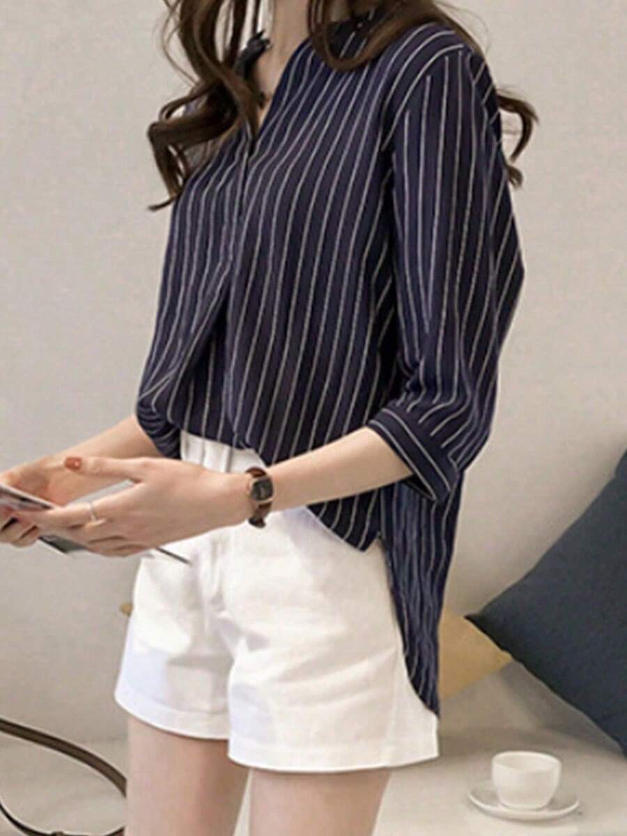Women's Striped Round Neck Blouses For Petite Women, New Korean Style Three-Quarter Sleeve Shirt For Summer, Loose Casual Shirt. - 深藍色 - 查看 1