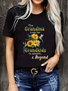 1 camiseta de talla grande con estampado de patrones de familiares y nietos, de manga corta, cuello redondo, estilo casual, ropa de primavera/verano para mujer, 180g 100% algodón. - Negro - Ver 7