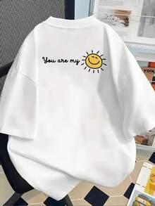 New 180g Short-Sleeved T-Shirt, 1% Cotton, With Front And Back Print - You Are My Sunshine, Sunshine Smile - Fashionable Printed T-Shirt For Women, Short-Sleeved, Suitable For All Seasons, Modern Clothing - Can Be Worn As A Base Layer In Spring And Autumn Or Alone In Summer, Unisex. - 白色 - 查看 2