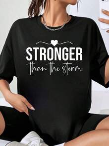 Women's Oversized "Stronger Than The Storm" T-Shirt, Motivational Graphic Tee, Plus Size, Casual Blouse For Women, White - 黑色 - 查看 1