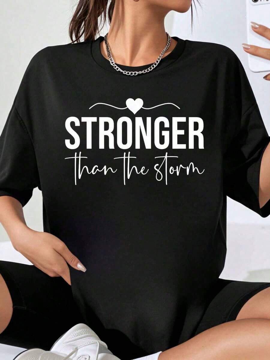 Women's Oversized "Stronger Than The Storm" T-Shirt, Motivational Graphic Tee, Plus Size, Casual Blouse For Women, White - 黑色 - 查看 1