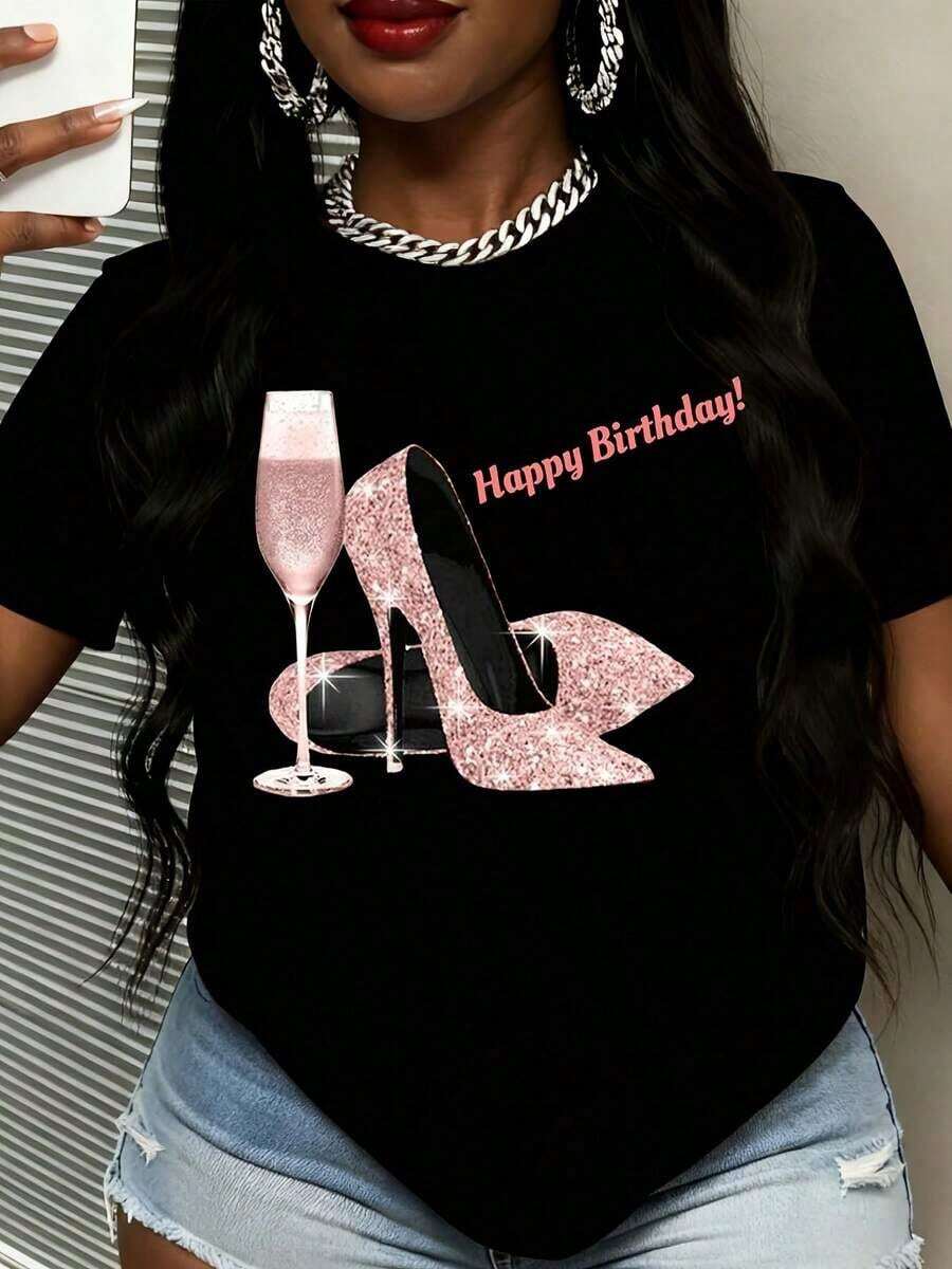 Women's Short-Sleeved T-Shirt With A Mexican Birthday Theme, Featuring A Sparkly Heel And Champagne Glass Print, And The Text "Happy Birthday" For Party Celebrations. Cotton T-Shirt, Summer Fashion. - 黑色 - 查看 1