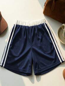 1 chiếc quần short nữ kiểu dáng thường ngày, cạp chun, phối màu tương phản, thích hợp mặc ngoài trời vào mùa xuân, thu và đông. - Màu xanh hải quân - Xem 5