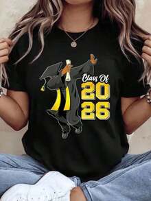 Class Of 2026 T-Shirt, Graduation Party Gift For Students, College Graduate Celebration Clothes For Graduation Day, 220g - Urban Vintage Style, Unisex, 100% Pure Cotton Short Sleeve T-Shirt - 黑色 - 查看 1