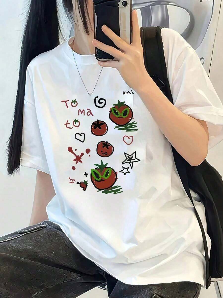 Women's Cotton Round Neck Casual T-Shirt - Short Sleeve Round Neck Casual T-Shirt For Women, Ideal For Spring/Summer - Relaxed Fit - Top With Appliquéd Geometric Print, Machine Washable Blouse For Casual Outfits And Layering Pieces - Simple T-Shirt For Everyday Wear - 白色 - 查看 1