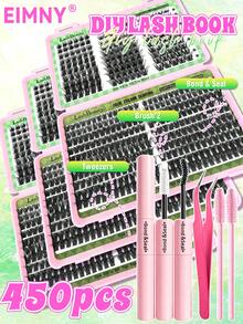 Eimny 450 piezas Kit de extensión de pestañas DIY - 4 estilos de pestañas en racimo de dibujos animados y ojos de gato | Pestañas individuales D-Curl de 10-16 mm | Pestañas postizas esponjosas y segmentadas 3D | Set profesional reutilizable de racimos de pestañas, adecuado para uso diario, citas y fiestas - Multicolor - Ver 4