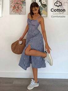 Vestido a media pantorrilla con tirantes a cuadros para mujeres, de moda y apropiado para el verano - Azul marino - Ver 7