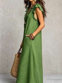 Casual Solid Color Sleeveless Arabian Dress, Made Of Deep V-Neck, Ruffle Hem And Long Woven Fabric With Pockets Elegant Summer - Green - View 3