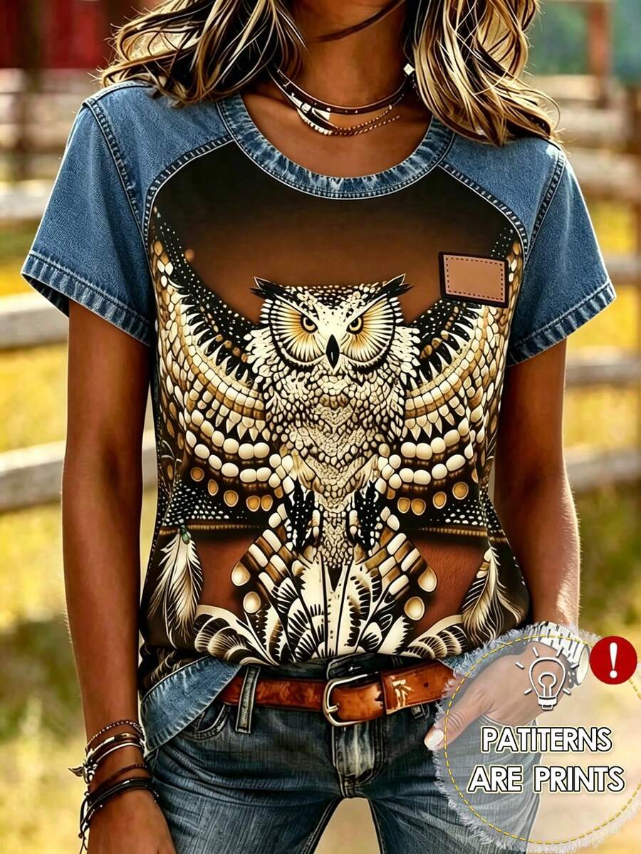 Western Style 2026 New Arrivals Women's Fashion: Bohemian Owl, Versatile Animal And Geometric Prints, Round Neck, Short-Sleeve Casual T-Shirt Summer