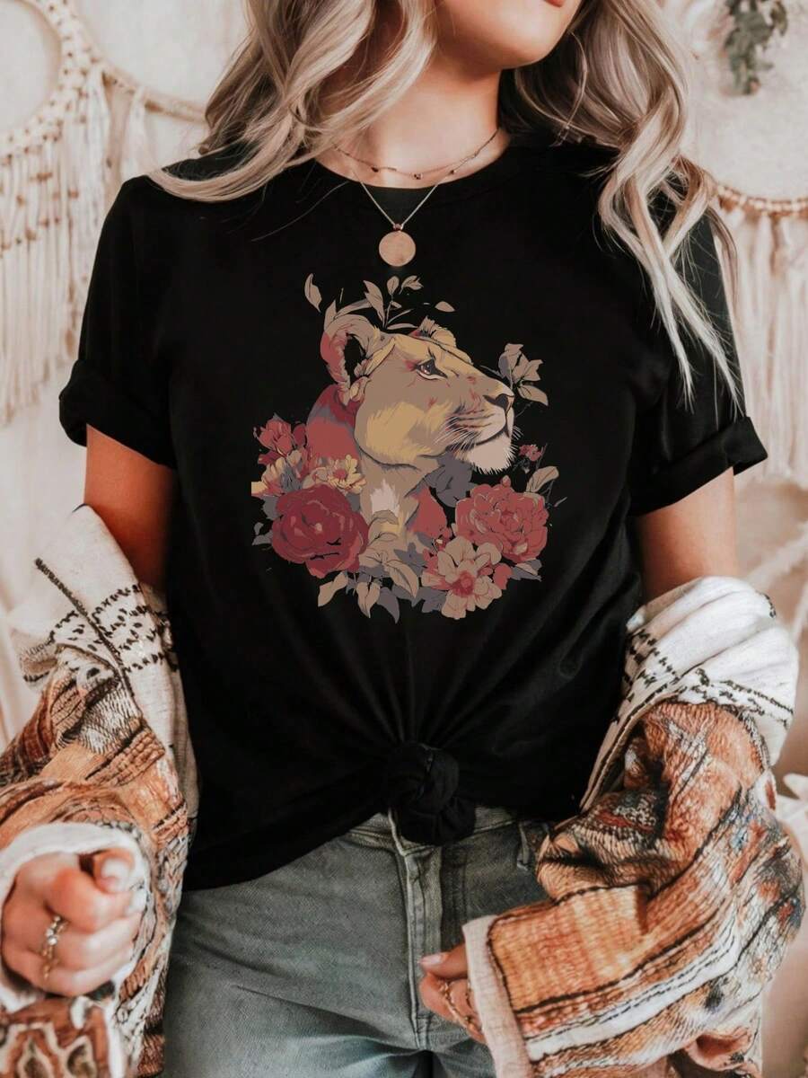 Y2K Style - Women's Casual Fitted Solid Color Round Neck Short Sleeve Top - Lioness And Floral Crown Print, Full Of Wildness And Softness - 黑色 - 查看 1