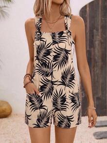 Linen Blend Women's Solid Color Dual Pocket Twist Knot Romper - Albaricoque 3 - Ver 5