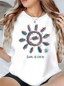 100% Cotton. Radiant Hand-Painted Sun Symbolizing Positive Energy And Openness To New Experiences. Women's 100% Cotton 220g T-Shirt. Women's Simple Solid Color T-Shirt, Loose And Slim Fit Casual Short Sleeve - 白色的 - 查看 8