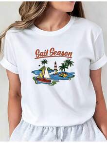 Soft Latest Style Seasonal Nautical Print T-Shirt, Basic Casual Crew Neck T-Shirt, Long Sleeve T-Shirt For Spring And Summer Vacation, New Women's Clothing, Machine Washable I01, Casual Crew Neck Top, Comfortable Women's Clothing, Cute, New Arrival - 白色 - 查看 1