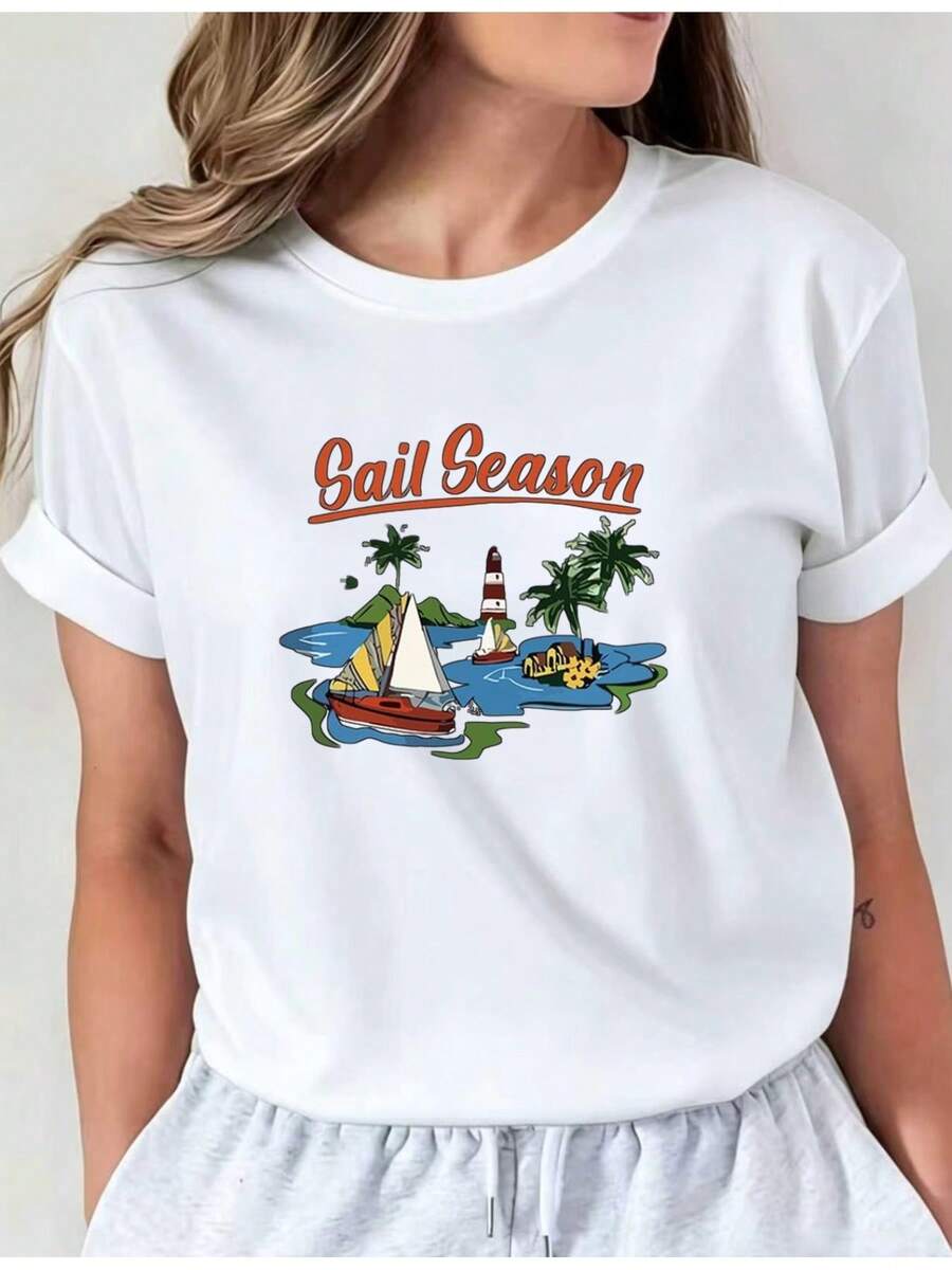 Soft Latest Style Seasonal Nautical Print T-Shirt, Basic Casual Crew Neck T-Shirt, Long Sleeve T-Shirt For Spring And Summer Vacation, New Women's Clothing, Machine Washable I01, Casual Crew Neck Top, Comfortable Women's Clothing, Cute, New Arrival - 白色 - 查看 1