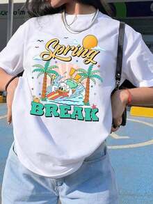 New 2026 Collection: Women's Cotton T-Shirt, Short Sleeve And Round Neck, With Spring Break  Graphic Print, Regular Fit, Breathable And Lightweight, For Sports And Leisure, Suitable For Gifts And Parties. - 白色 - 查看 10