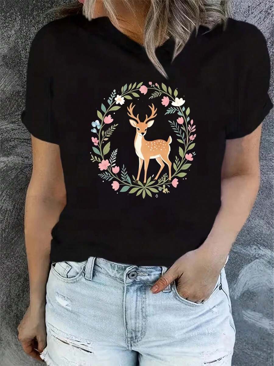 Mexican Art Printed Short Sleeve T-Shirts For Women, Summer, Modern And Casual, Machine Washable, Comfortable Fit, 2D Flat Print, Cotton T-Shirt For Coordinated Family - 黑色10 - 查看 1