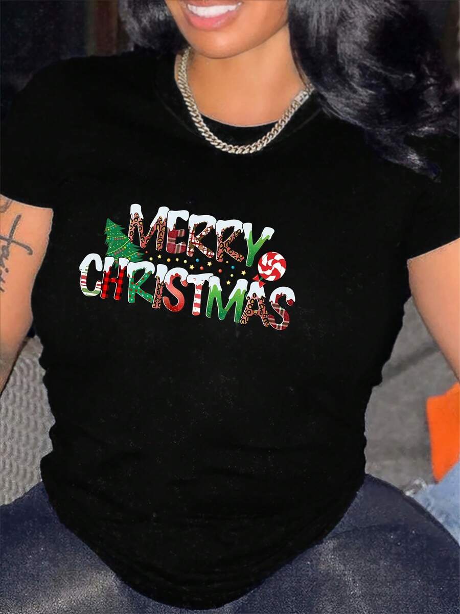 Women's Christmas Short Sleeve T-Shirt, Casual Round Neck Style With Colorful Patchwork Christmas Print, Elegant And Romantic Summer T-Shirt, Versatile And Fashionable Casual Top For Commuting, Holidays And Everyday Wear, Various Colors Available, Sizes S-XXL - 黑色 - 查看 1