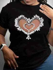 Camiseta de manga corta para mujer con estampado de corazones, estampado de corazones de diamante, camiseta casual negra de cuello redondo, elástica, lavable a máquina, adecuada para deportes y ocio en primavera/verano/otoño. - Negro - Ver 6