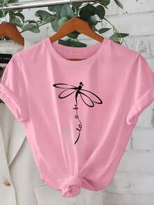 1 Women's Summer Short Sleeve T-Shirt - 2D Geometric Dragonfly Design Combined With "Let It Be" Design.  Urban Style. | Youthful Design | Comfortable Fit, Cute Clothing X2H5 - 粉紅色 - 查看 6