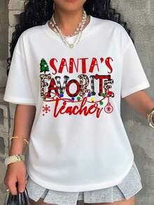 Women's T-Shirt: Santa's Favorite Teacher, Christmas T-Shirt For Women, Festive Gift, Ugly Sweater Style, Festive Outfit For Teachers, Christmas Party Clothes - 白色 - 查看 7