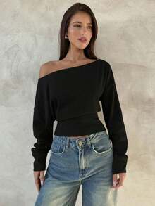 Blusa Asimétrica de Hombro de Manga Larga de 95% Algodón Tejido, Blusa Versátil Negra, Armario de Otoño; Simple, Elegante; Cómoda, Chic. - Negro - Ver 3