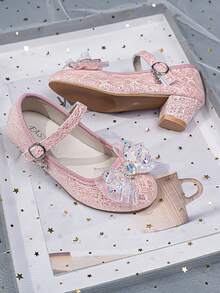Girls' Sequin Mary Jane Shoes, Crystal Bow Decor, Soft Flat Princess Shoes Suitable For Party And Daily Wear - Pink - View 3