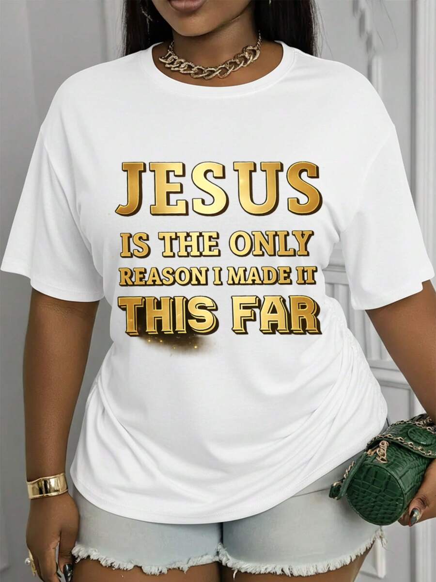 Women's Printed T-Shirt With Jesus Quote Graphic In Gold Finish - Casual Short Sleeve Crew Neck T-Shirt, Relaxed Fit For All Seasons, Perfect For Everyday Wear Or Holiday Outfits (Machine Washable). - 白色 - 查看 1