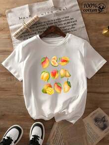 Fashionable Women's Top With A White Fruit Print On The Front. Comfortable Casual Wear For Everyday Outings And Summer Style. Suitable As A Gift. Women's T-Shirt. Elegant Blouses. Boho Chic. Soft, Breathable, And Comfortable Women's Top, Ideal For Spring, Summer, And Autumn, Perfect For Vacations, Travel, And Everyday Wear. - [白色的] - 查看 2
