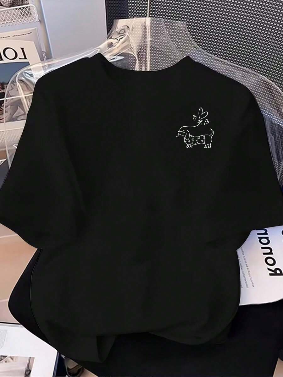 Camiseta Deportiva Casual para Mujer con Gráfico Minimalista de Cabra en Dibujo Lineal - Camiseta Elástica de Cuello Redondo, Lavable aáquina, Ajuste Cómodo para Todas las Estaciones, Perfecta para el Uso Diario y Estilo Minimalista. - Negro - Ver 1