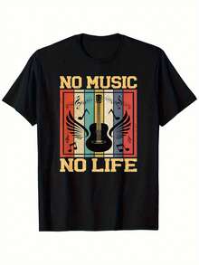 Unisex Vintage Music T-Shirt - Guitar And Musical Notes Pattern "No Music, No Life", 180g Fabric, Suitable For Musical Events And Daily Wear, Black, Music-Themed T-Shirt. - 黑色 - 查看 6