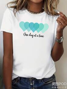 Camiseta de Mujer teediy con Estampado de Corazones Azul Turquesa y Turquesa para Uso Diario |   Ajustada, cuello redondo, camiseta casual, verde menta claro y azul turquesa, adecuada para todas las estaciones, estilo vintage, estampado gráfico, camiseta estampada de manga corta para el verano de 2026, 180G. - Blanco - Ver 1