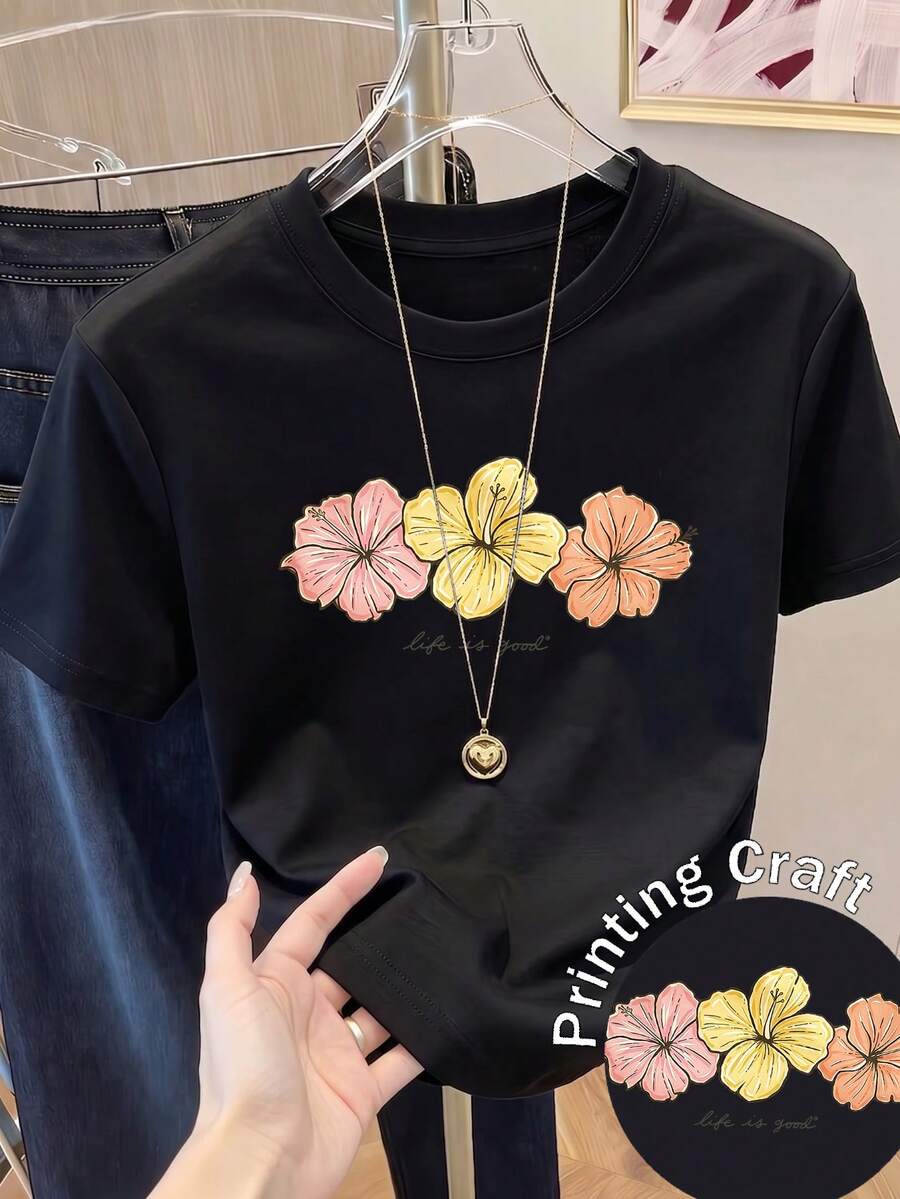 Women's Floral Print Short Sleeve T-Shirt, Spring Clothes, Holiday Outfit, Apricot Summer Color, Beach Look, Vacation Style, Country Style, Women's Office Outfit. - 黑色 - 查看 1