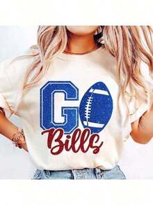 Nueva Llegada 2026, 1 pieza, Camiseta de Fútbol Americano Let's Go Bills, Camiseta Vintage de Fútbol Americano Buffalo, Camiseta Go Bills para el Día del Partido, Algodón 180g - 100% Algodón, Camiseta Casual para Mujer: Perfecta para Uso en Exteriores y Ropa Urbana, Tejido Suave, Transpirable, a la Moda, 100% Algodón, Camiseta para Mujer de Uso Diario con Estampado Gráfico. - Blanco - Ver 5