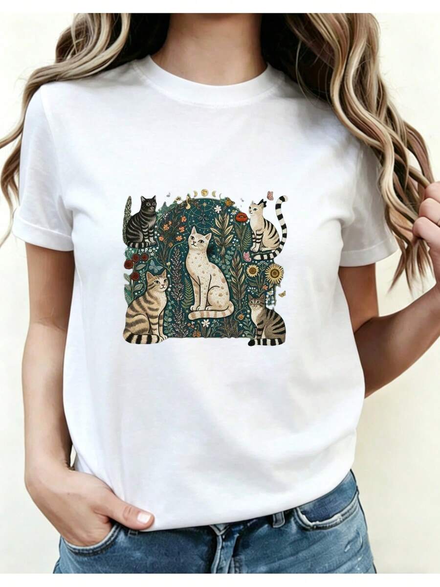 Women's Crew Neck T-Shirt With Artistic Folk Style Cat Print, Comfortable And Stylish, Unique Cat Design, A Choice For Animal Lovers And For Daily Casual Wear, A Great Gift For Various Occasions, Women's Crew Neck Printed T-Shirt For The Four Seasons. - 白色 - 查看 1