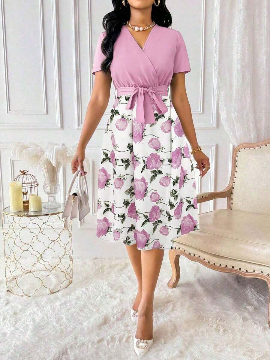 Vestido de mujer con cuello en V y cinturón, manga corta, vestido largo de verano para mujer - Rosa - Ver 1