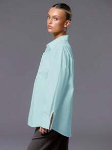 Camisa oversize con botones, ideal para vacaciones, aeropuerto, playa, escuela, trabajo, invierno, primavera, verano y ocasiones casuales en estilo Y2K - Celeste - Ver 2