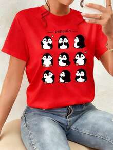 Women's T-Shirt With An Adorable Penguin Print, An Original And Fun Design For A Casual And Modern Style, Ideal For Animal And Nature Lovers, Soft And Comfortable Fabric For Everyday Wear, Add A Touch Of Joy To Your Wardrobe With This Unique And Versatile Garment! - 紅色的 - 查看 1
