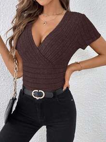 Camiseta de cuello cruzado tejido de canalé - Café integral - Ver 4