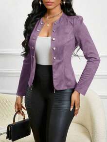 Lady Chaqueta abierta con detalles de botones en ante negro para otoño/invierno - Morado - Ver 5
