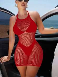 Swim  Vestido de encubrimiento sin mangas con cuello halter para mujeres para vacaciones de verano en la playa con apliques huecos - Rojo - Ver 7