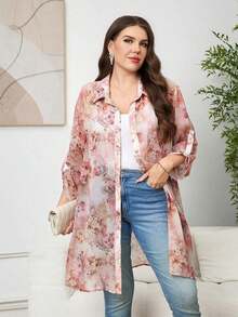 Chikora Camisa de manga larga con estampado floral y abotonadura sencilla para mujer de talla grande - Multicolor 3 - Ver 5